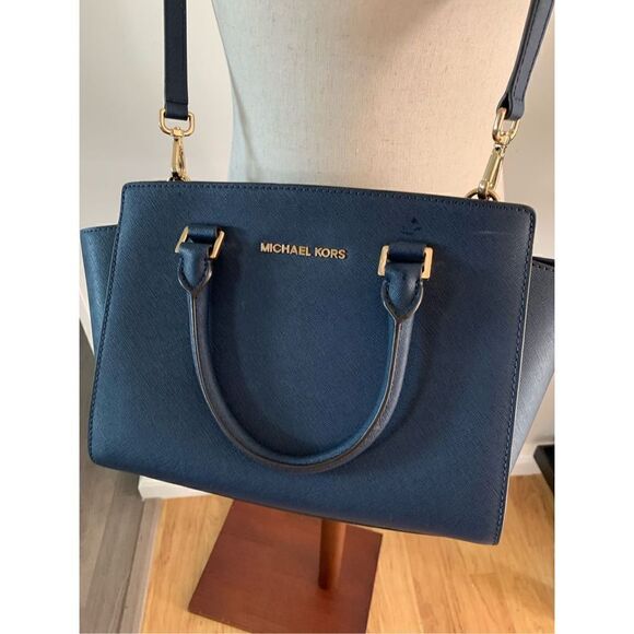 Michael Kors Leather Satchel / Tote Navy Blue - Picture 4 of 12